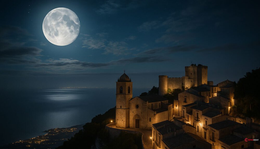 Veduta notturna rappresentativa di Erice con luna piena sul mare