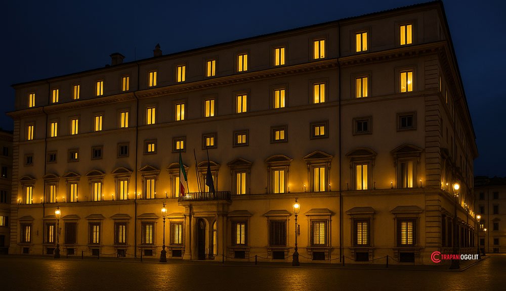 Raffigurazione notturna di Palazzo Chigi illuminato a Roma, sede del Governo italiano