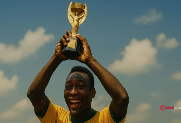 Simulazione artistica di Pelé con la Coppa Rimet