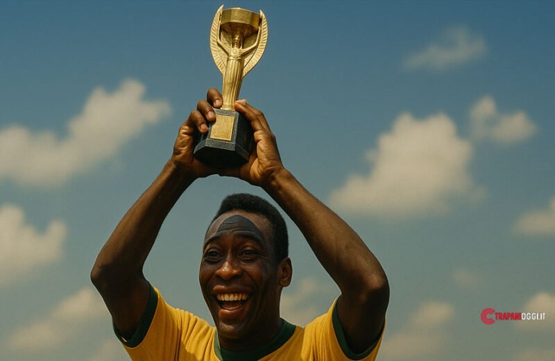 Simulazione artistica di Pelé con la Coppa Rimet