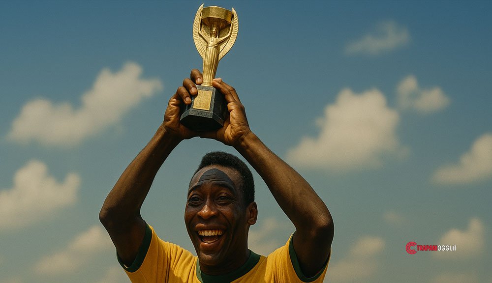 Simulazione artistica di Pelé con la Coppa Rimet