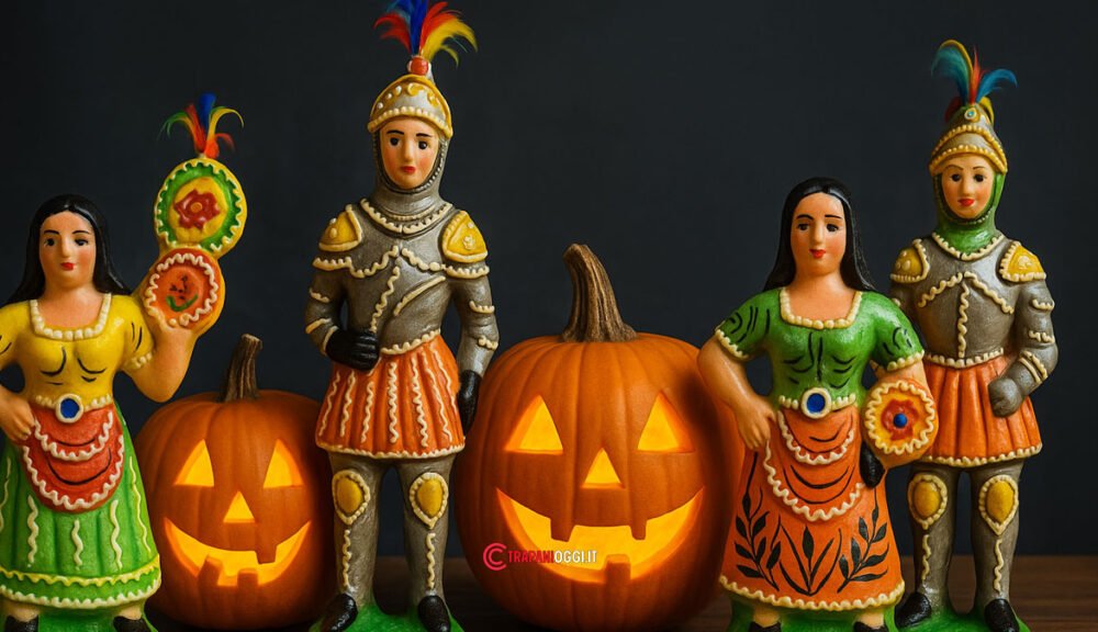 Pupi di zucchero siciliani con zucche di Halloween accese
