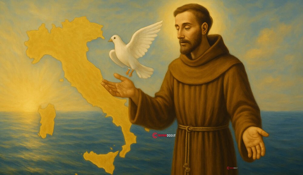 San Francesco d’Assisi patrono d’Italia con colomba della pace e mappa dell’Italia