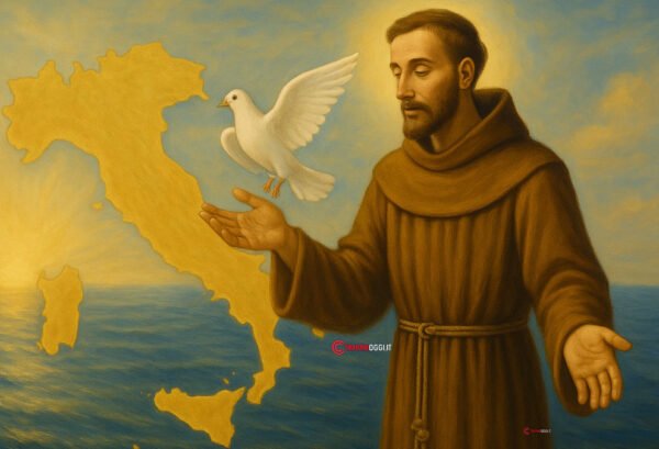 San Francesco d’Assisi patrono d’Italia con colomba della pace e mappa dell’Italia