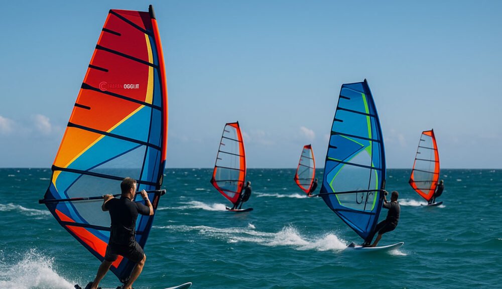 Windsurf nel mare di Trapani con vele colorate
