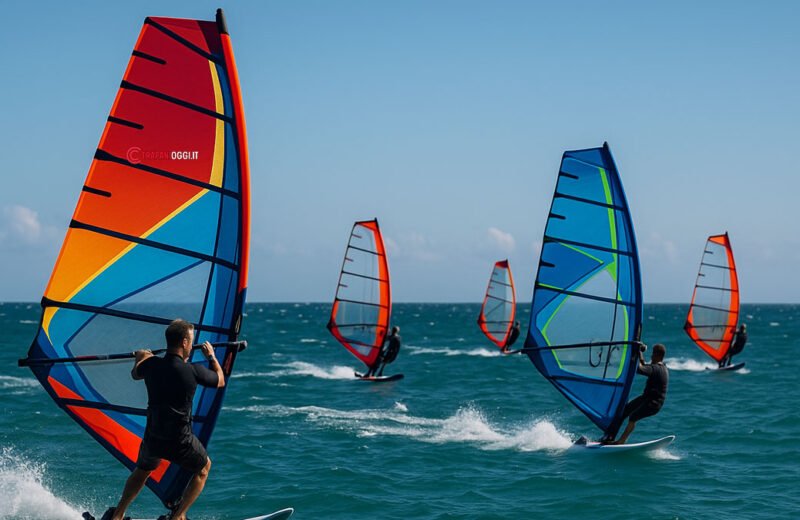 Windsurf nel mare di Trapani con vele colorate