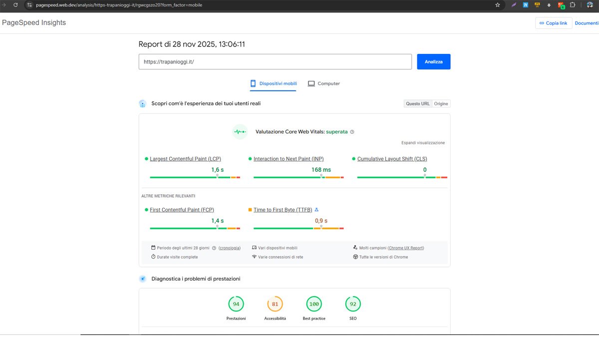 Google PageSpeed Insights - Core Web Vitals TrapaniOggi.it