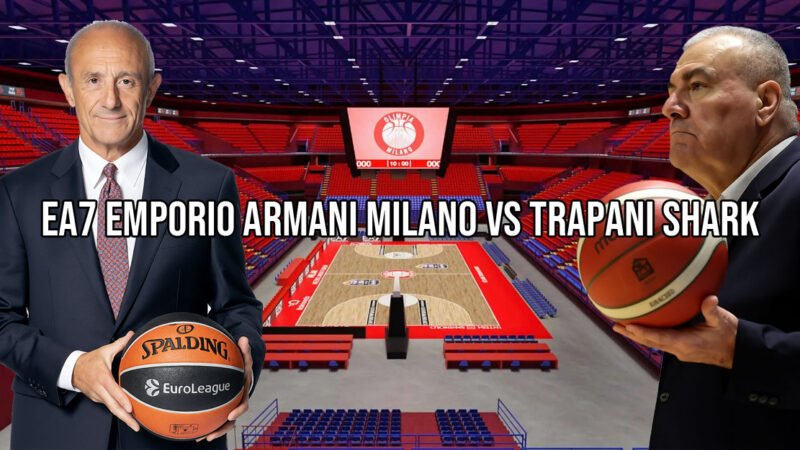 Gli allenatori di EA7 Emporio Armani Milano e Trapani Shark al Mediolanum Forum, composizione grafica TrapaniOggi.it 2025