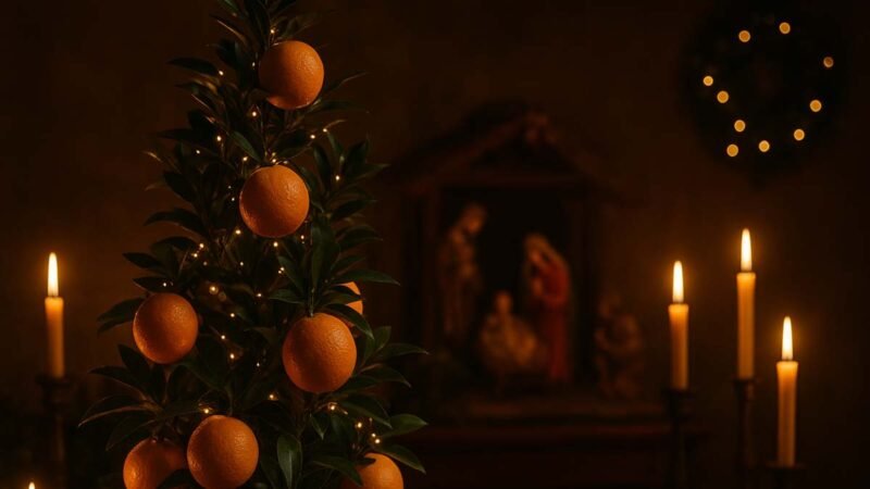 immagine artistica di albero natlizio addobbato con arance siciliane