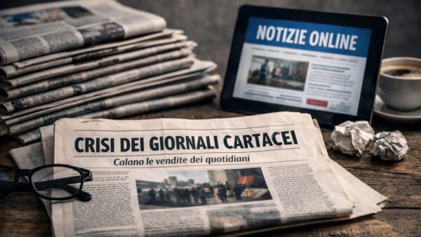 Crisi dei giornali cartacei dall’edicola al digitale — immagine realizzata dal sistema creativo AI